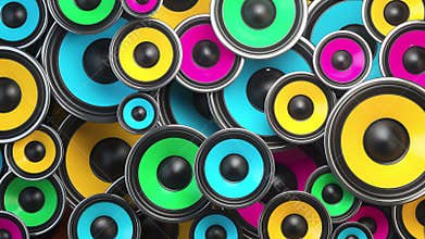 Subwoofer audio speakers of various colors playing loud sound. 3d animation