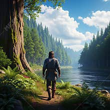An AI generated image of a lone medieval fantasy traveller walking in forested wilderness
