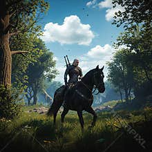 An AI image of solitary witcher riding through forested wilderness on beautiful sunset