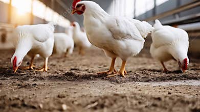 Confined broiler chickens pecking, foraging inside cramped chicken coop, searching ground for scattered feed during industrial