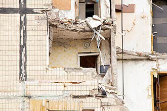 Destroyed apartment after missile strike on Dnieper in Ukraine, traces of war, debris, watch