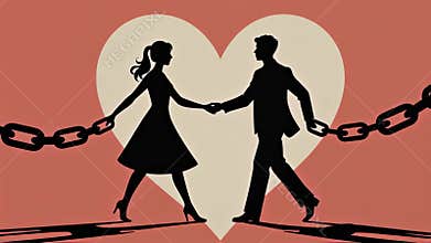 Couple walking away holding hands bound by heavy chain