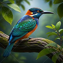 An AI generated image of colorful bird perching on a branch in forest