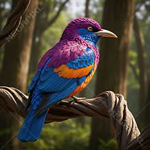 An AI generated image of colorful bird perching on a branch in forest
