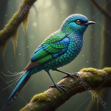 An AI generated image of colorful bird perching on a branch in forest