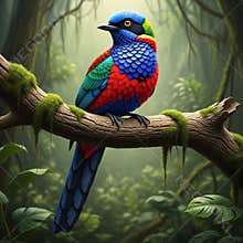 An AI generated image of colorful bird perching on a branch in forest