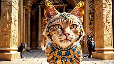 Golden Egyptian magic divine cat, cat in the temple of the Egyptian goddess