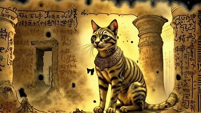 Golden Egyptian magic divine cat, cat in the temple of the Egyptian goddess