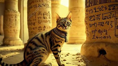Golden Egyptian magic divine cat, cat in the temple of the Egyptian goddess