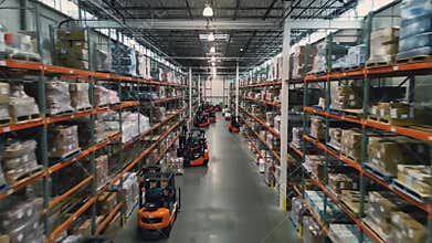 Busy warehouse operations with forklifts and organized storage in a large facility