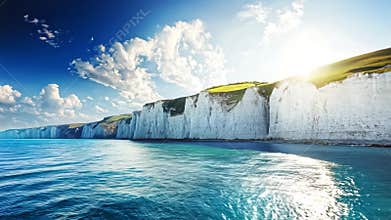 White Cliffs and Blue Sea under Sunlight
