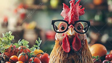 Chicken wearing glasses surrounded by fresh vegetables
