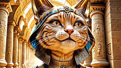Golden Egyptian magic divine cat, cat in the temple of the Egyptian goddess