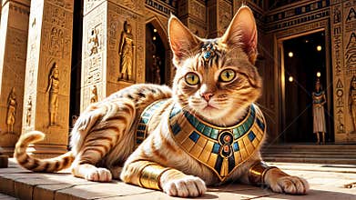 Golden Egyptian magic divine cat, cat in the temple of the Egyptian goddess