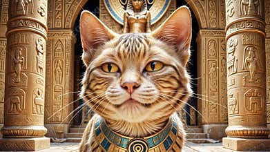 Golden Egyptian magic divine cat, cat in the temple of the Egyptian goddess