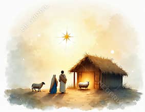 Watercolor nativity scene, depicting a humble stable, shining star. Holy family, virgin Mary, Joseph, baby Jesus, shepherds and