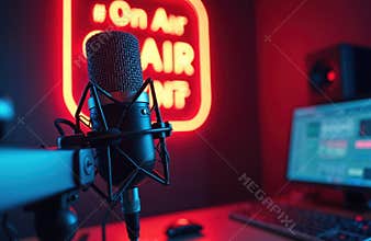 Pro microphone in studio with red neon On Air sign for live podcast radio. Audio recording equipment, technology, media,