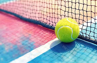 Watercolor tennis ball near the net on colorful abstract court. Tennis game sport recreation activity. Sport equipment, hobby,