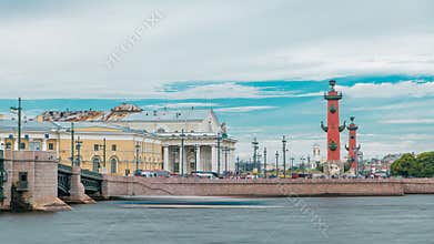 Strelka - Spit of Vasilyevsky Island with the Old Stock Exchange and Rostral Columns timelapse in Saint Petersburg