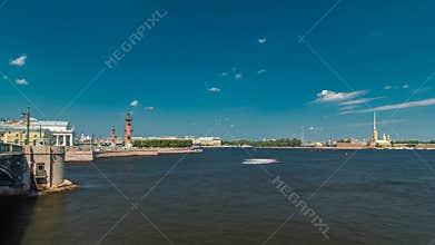 Strelka - Spit of Vasilyevsky Island with the Old Stock Exchange and Rostral Columns timelapse in Saint Petersburg