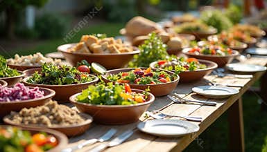 Community potluck dinner featuring locally sourced sustainable foods. Diverse salad bowls, appetizers on long wooden table,