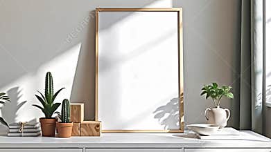 A bright and airy living room scene focuses on a mock-up poster frame resting on a console table. The frame Generative AI