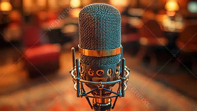 Close-up of a professional microphone in a dimly lit recording studio, symbolizing podcasting, music, and broadcasting