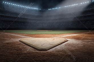 Professional baseball field under stadium lights, viewed from third base towards home plate Well-maintained green grass, visible