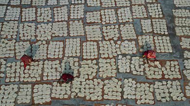 Aerial view of drying vermicelli in Bogura, Bangladesh.