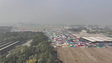 Aerial view of colorful tents of global Muslims congregation in Tongi, Dhaka, Bangladesh.