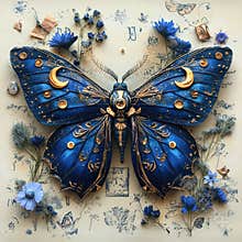 Stunning Blue Butterfly Artwork Surrounded by Flowers and Nature Elements