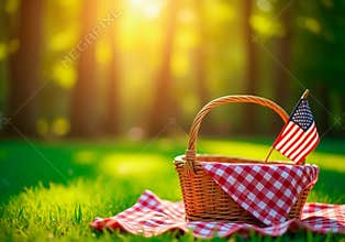 American Picnic: Patriotic Basket in a Sunlit Park