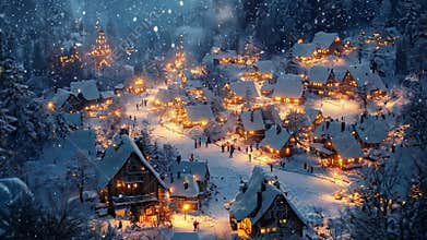 Warmly Lit Snowy Village at Night