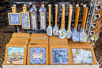 Sale of souvenir azulejos in Albufeira, Portugal