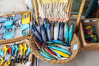 Decorated local ceramic Sardines in Portuguese souvenir store in Albufeira, Portugal
