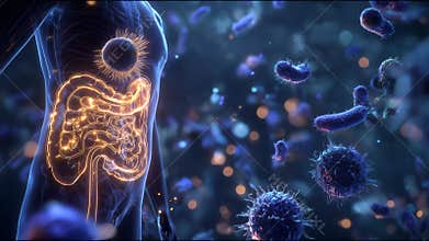 Exploring the intricate interaction between bacteria and the human digestive system in a vibrant, detailed representation