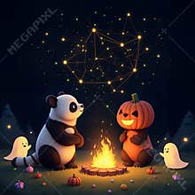 Panda and Friends Around Halloween Campfire – Starry Night Celebration