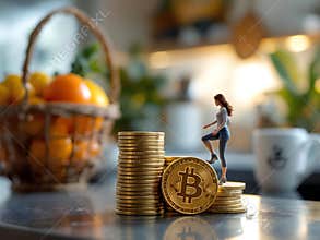 Miniature woman climbing Bitcoin stack on kitchen counter