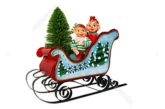 Christmas Sleigh With Elves and Tree