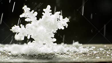 Intricate Snowflake Forming in a flurry of Falling Snow, Macro Timelapse