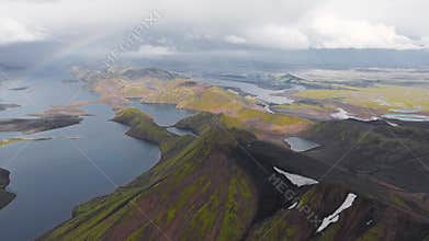 Aerial View of Iceland's Volcanic Ridges, Lakes, and Rivers