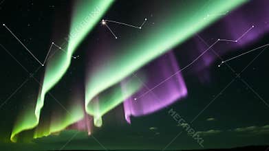 Dancing northern lights across starry sky, drawing solar wind energy for green and purple ribbons