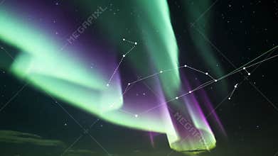 Opening polar night sky showing swirling auroral lights above hills, with constellation overlay