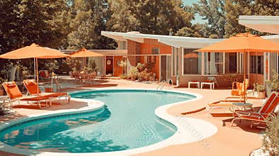 Mid Century Modern Oasis with Swimming Pool and Orange Umbrellas