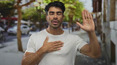 Man in white t shirt standing with hand on chest and raised palm on bustling city street during daytime; commitment trust