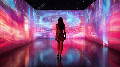 A silhouette of woman standing in colorful illuminated art installation with vibrant abstract patterns a