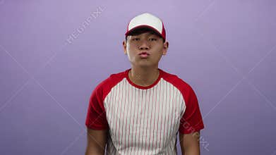 Young man in baseball uniform over purple background sending a kiss to the camera with a playful gesture