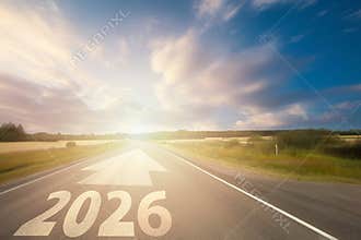 Motion, Future, Business Strategy and Success in New Year 2026 concept. Empty Road, Sunset Sky and Clouds