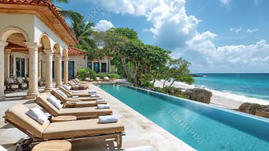 A oceanfront villa with infinity pool and lounge chairs under a cloudy sky on a sunny day at the beach a