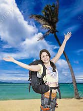 Woman Backpacker, beach at tropical beach